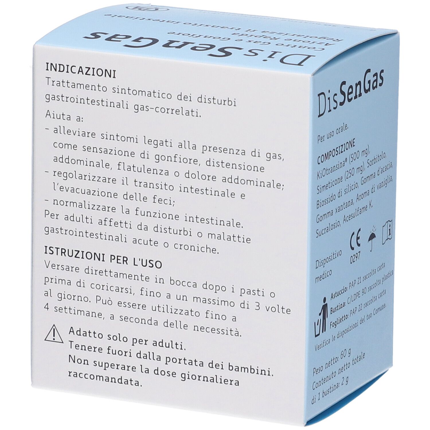 Retro della confezione DissenGas. Indicazioni e istruzioni per l'uso. Solo per adulti.