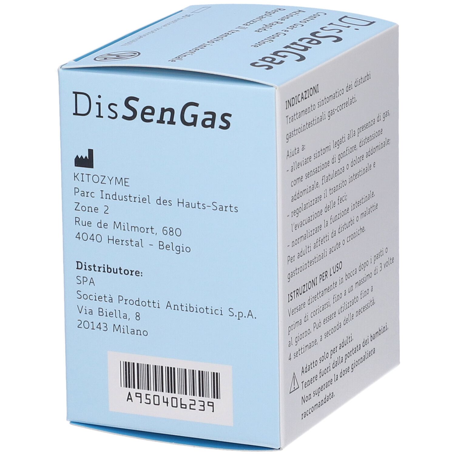 Lato della confezione DissenGas. Indirizzo del produttore e codice a barre. Logo SPA.