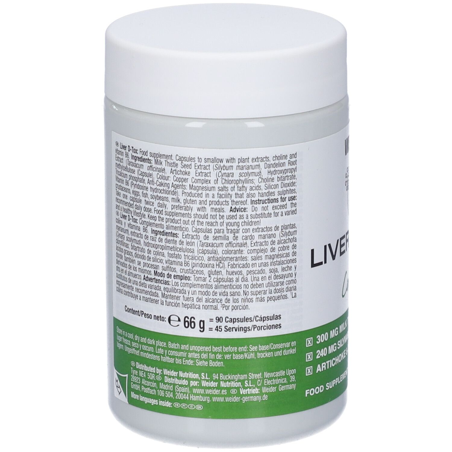 Retro del barattolo LIVER D-TOX Complex con ingredienti dettagliati e istruzioni.