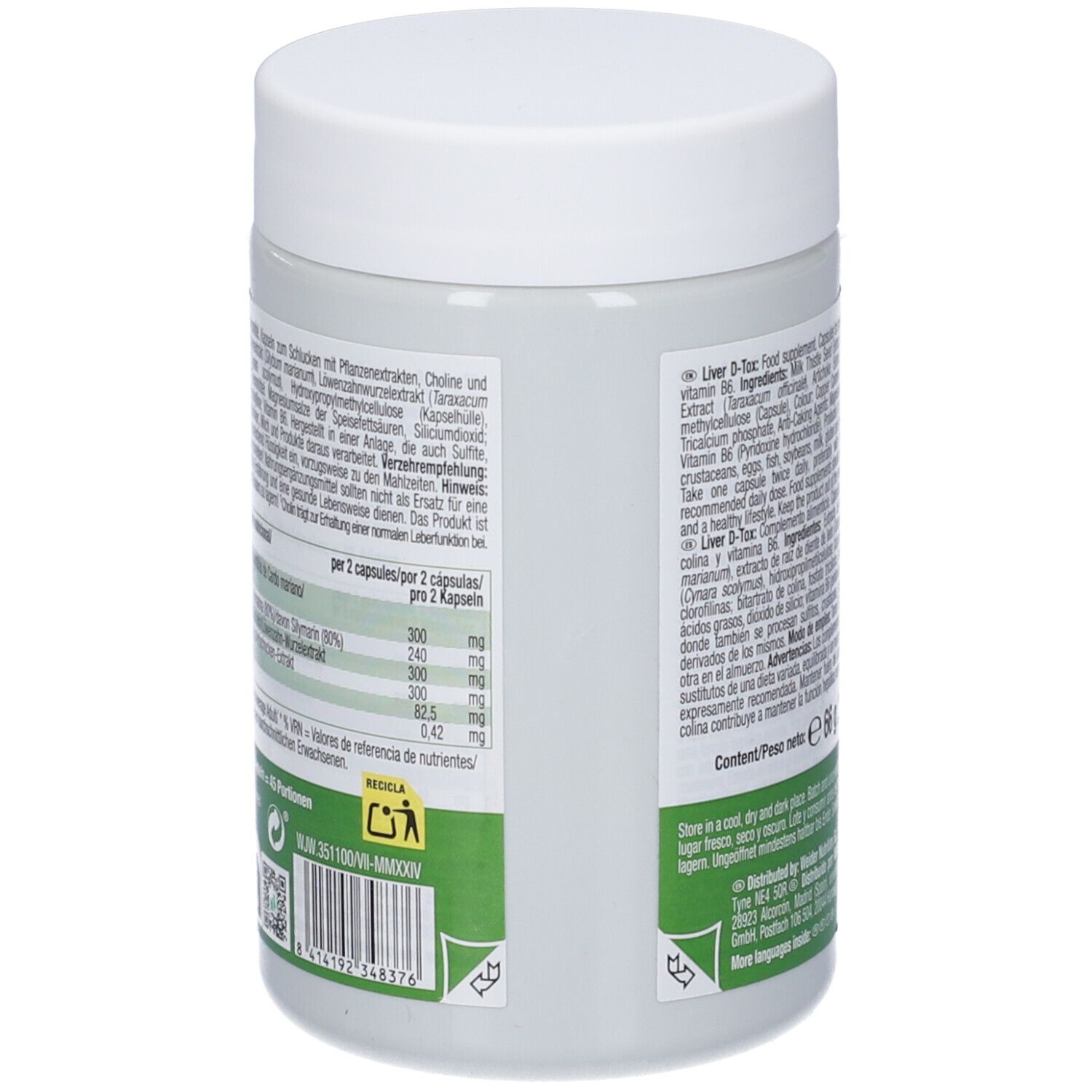 Vista laterale del barattolo LIVER D-TOX Complex con informazioni nutrizionali e codice a barre.