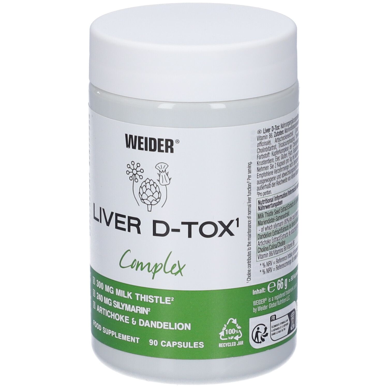 Barattolo bianco LIVER D-TOX Complex, 90 capsule. Fronte con nome del prodotto e ingredienti principali.