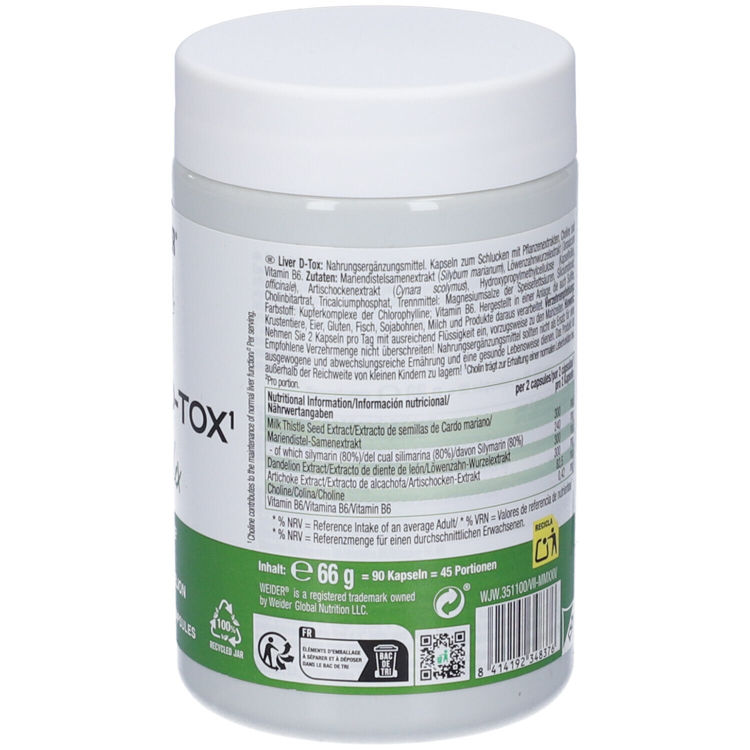 Retro del barattolo LIVER D-TOX Complex con informazioni nutrizionali e simbolo di riciclo.