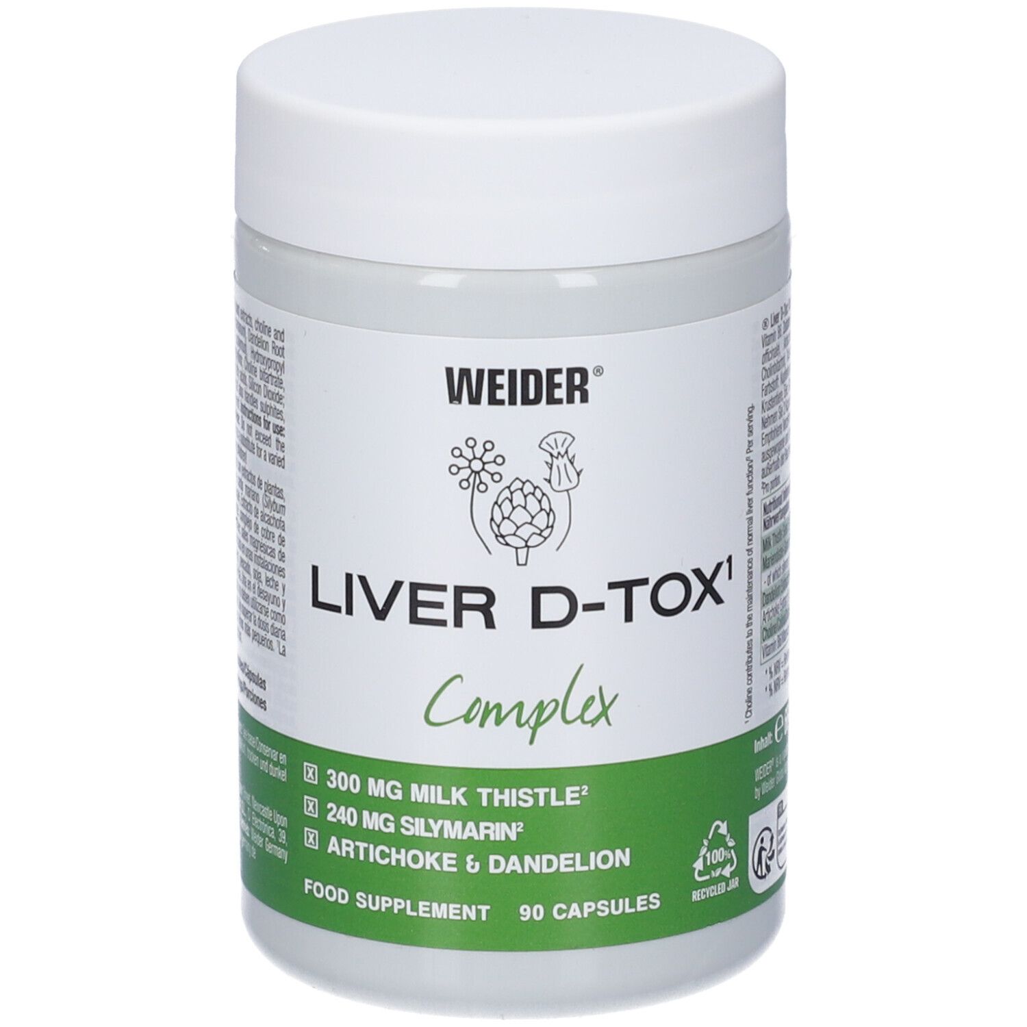 Vista frontale del barattolo LIVER D-TOX Complex. Contiene 300mg di cardo mariano e 240mg di silimarina.