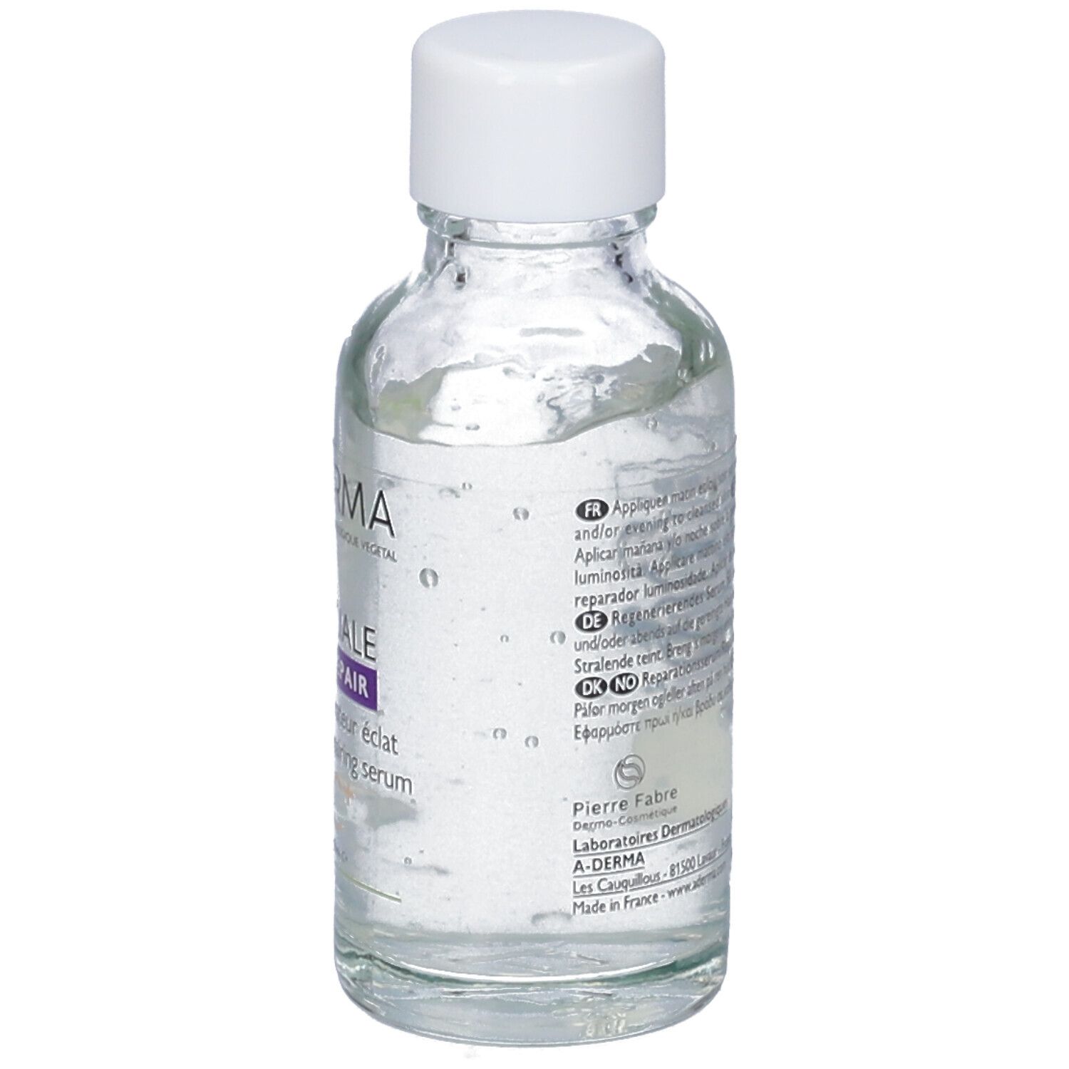 Retro del flacone in vetro. Testo multilingue. 30ml, scadenza, numero di lotto.