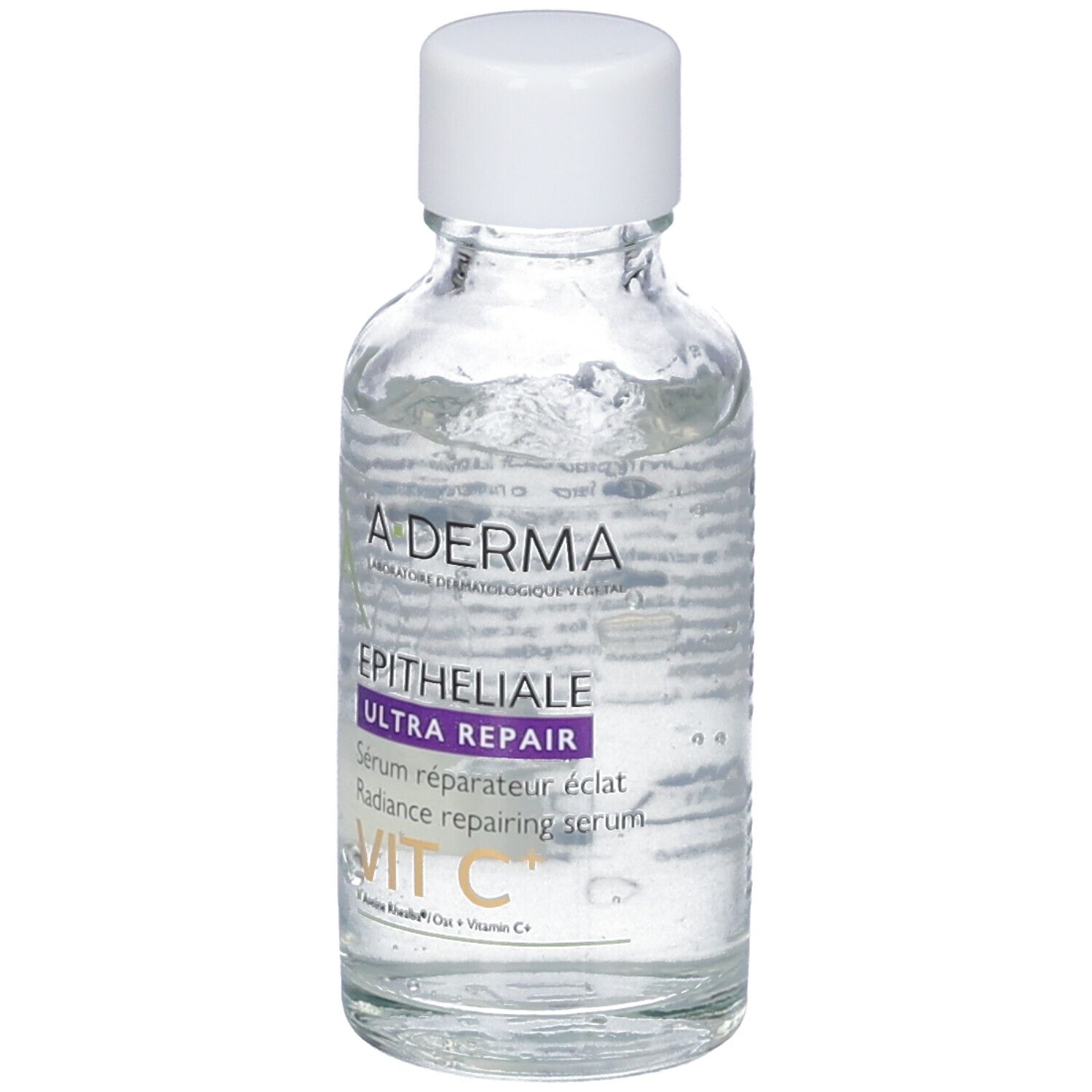 Flacone in vetro trasparente con tappo bianco. Scritta A-DERMA, EPITHELIALE ULTRA REPAIR, VIT C+.