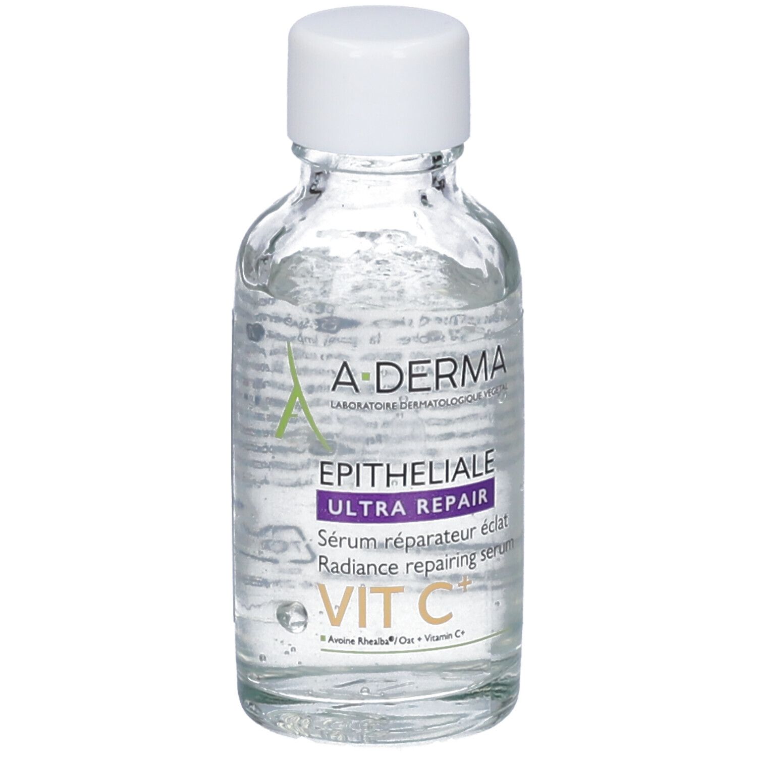 Flacone in vetro trasparente con tappo bianco. Scritta A-DERMA, EPITHELIALE ULTRA REPAIR, VIT C+.