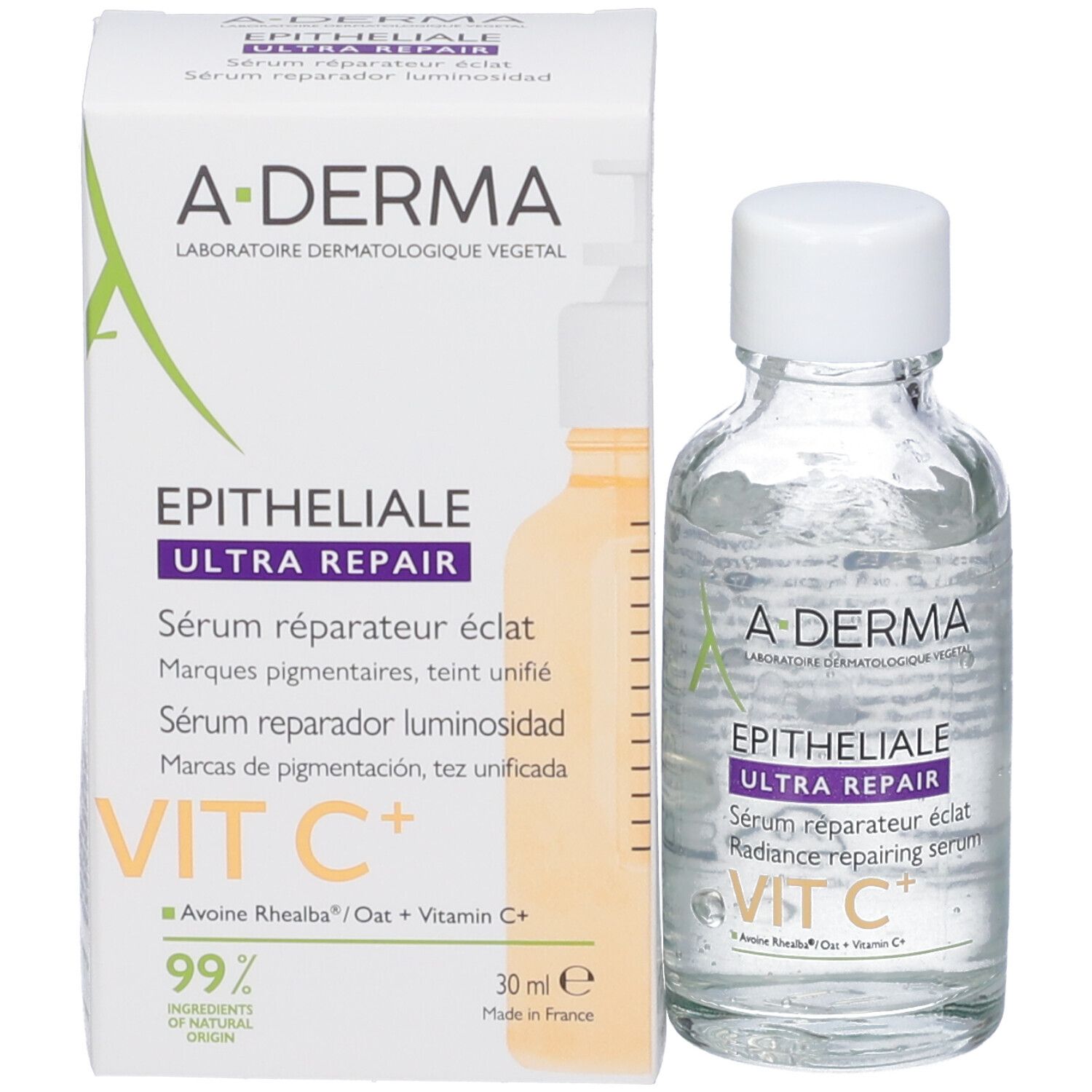 Flacone e confezione. Scritta A-DERMA, EPITHELIALE ULTRA REPAIR, VIT C+. 30 ml.