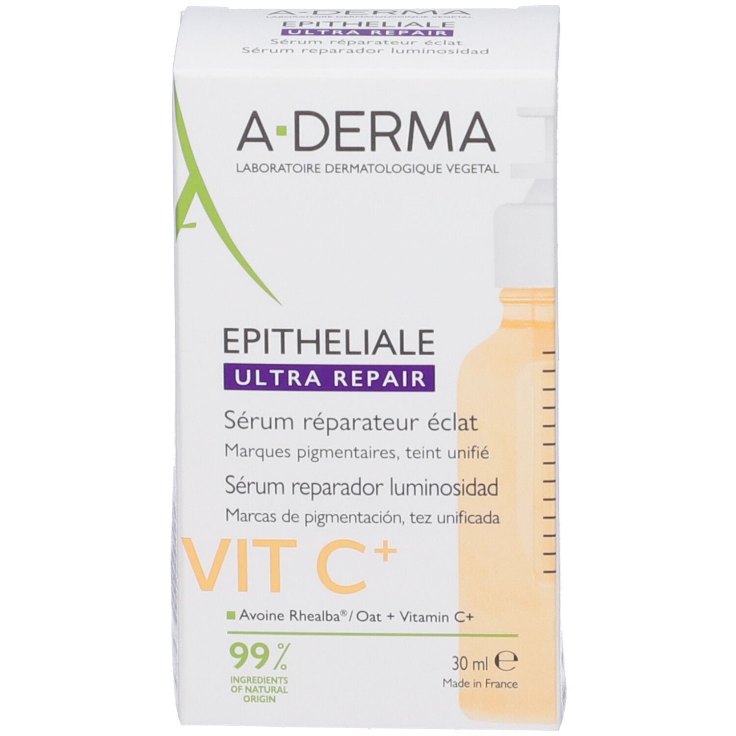 Flacone e confezione. Scritta A-DERMA, EPITHELIALE ULTRA REPAIR, VIT C+. 30 ml.