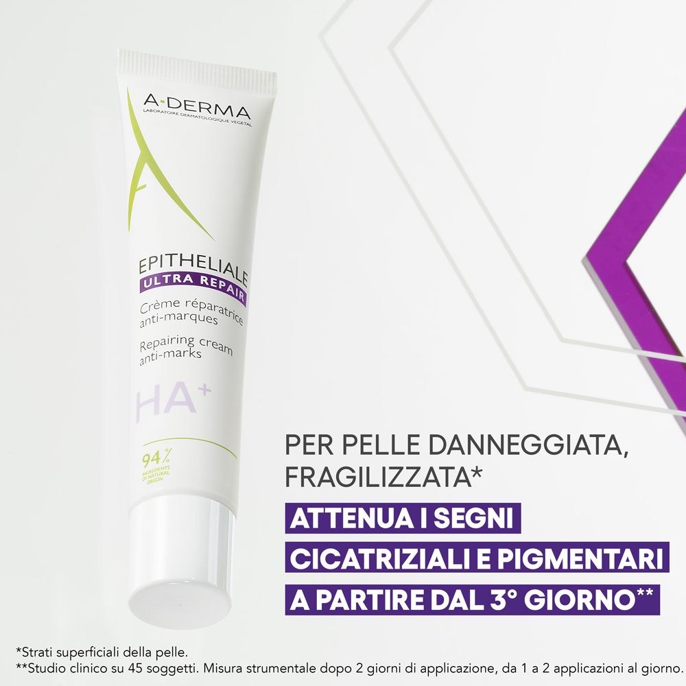 Tubo crema A-DERMA Epitheliale Ultra Repair. Testo: HA+ e informazioni per pelle danneggiata. Dal 3° giorno.