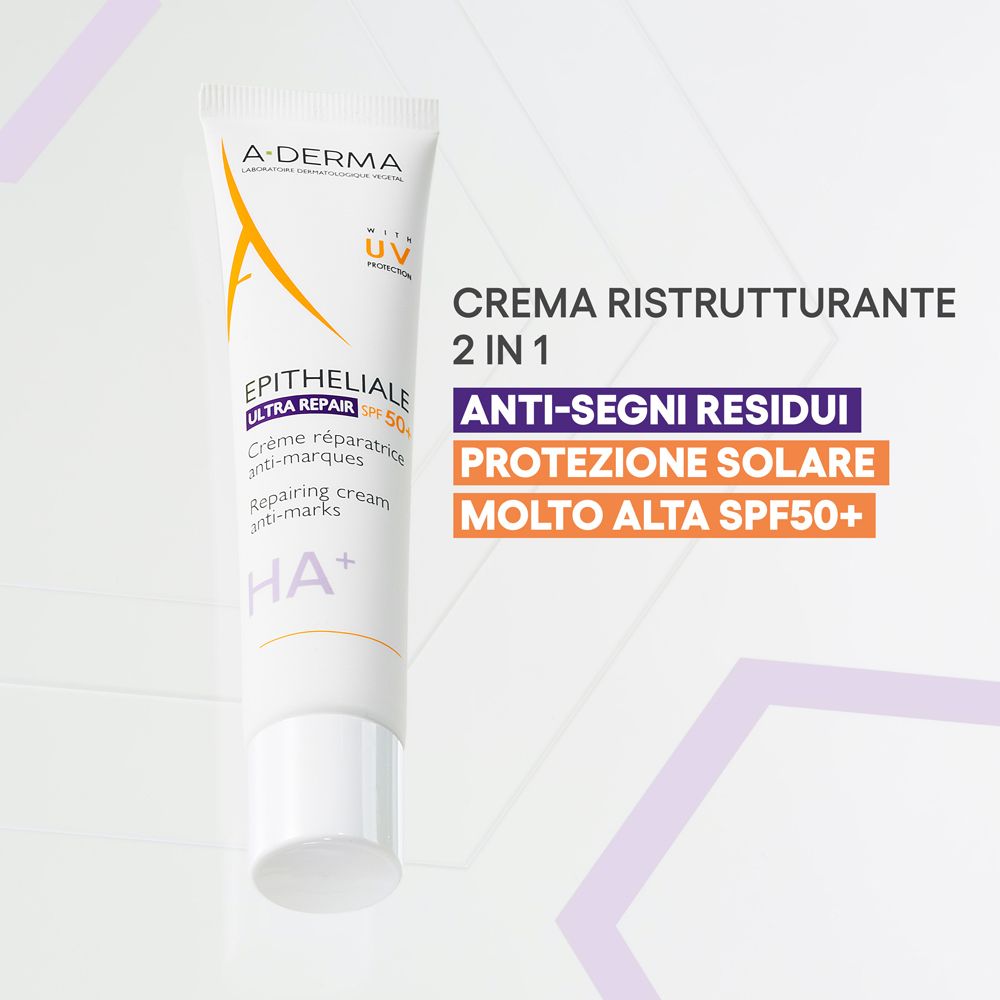 Tubo A-DERMA Epitheliale Ultra Repair. Testo: Crema ristrutturante 2 in 1, Anti-segni residui, Protezione solare molto alta SPF50+.