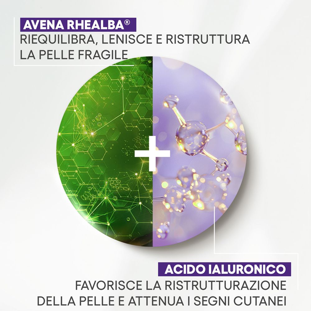 Grafica. Testo: Avena Rhealba, riequilibra, leviga e ristruttura la pelle fragile. Acido Ialuronico.