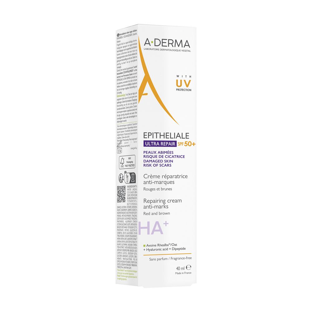 Confezione A-DERMA Epitheliale Ultra Repair. Testo: Epitheliale Ultra Repair SPF50+, Peaux abîmées, risque de cicatrices.