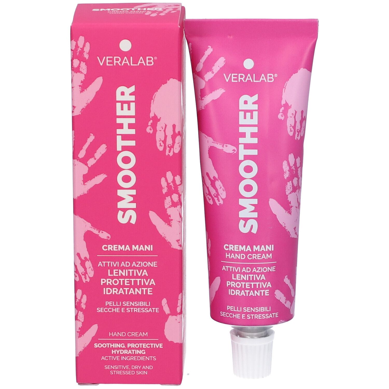 Tubo e scatola rosa. Scritta: Veralab, Smoother, Crema Mani. Impronte di mani. Testo: Crema mani, lenitiva, protettiva, idratante.