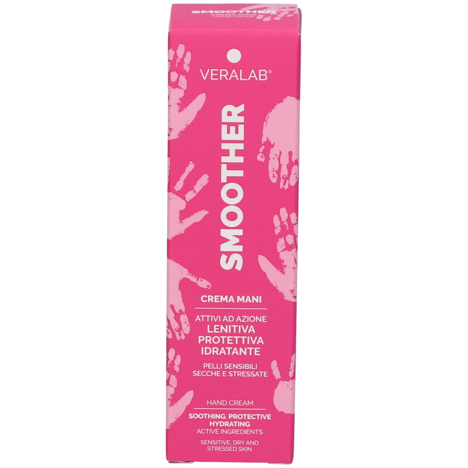 Scatola rosa. Scritta: Veralab, Smoother, Crema Mani. Impronte di mani. Testo: Crema mani, lenitiva, protettiva, idratante.