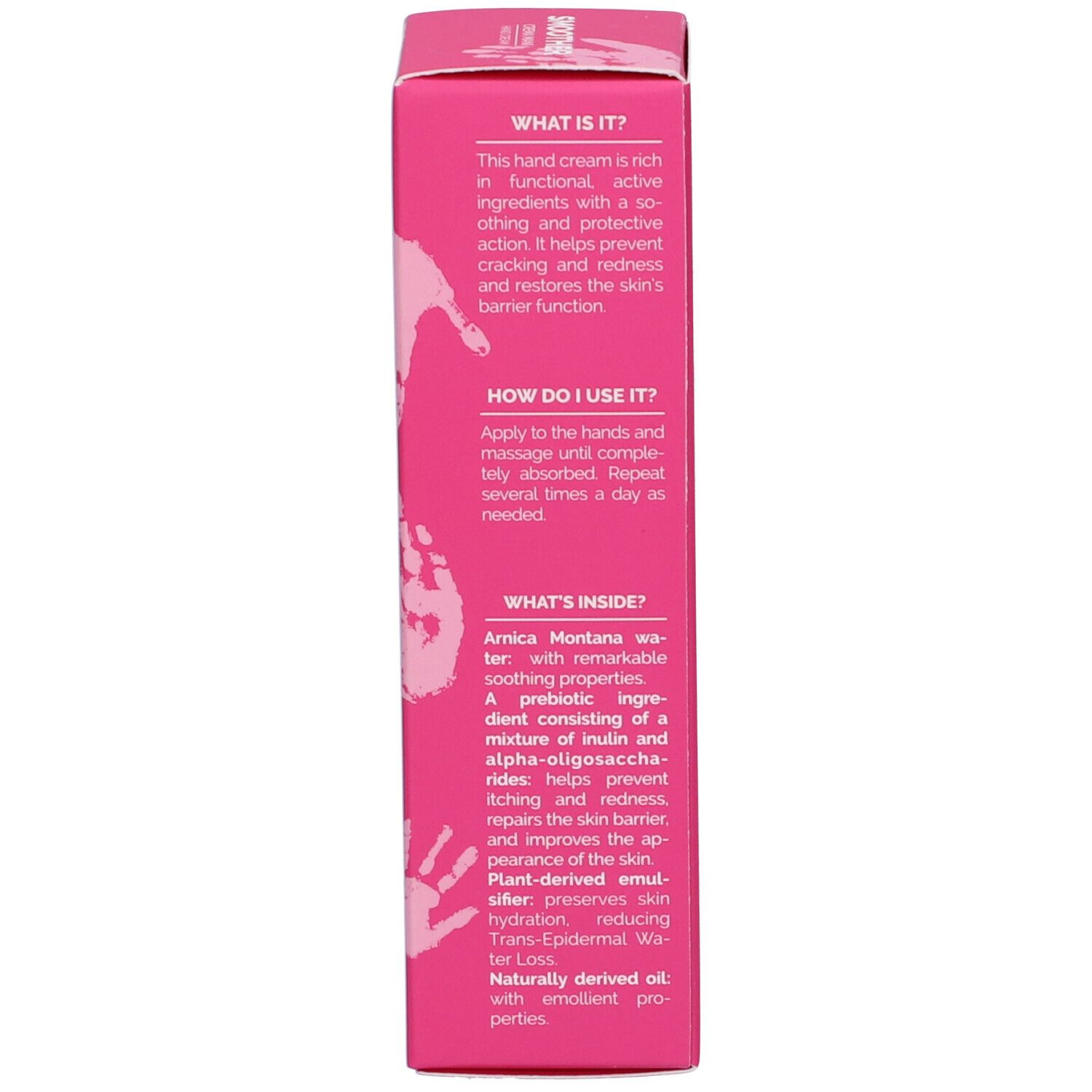 Lato della scatola rosa. Testo in inglese. Descrizione del prodotto, istruzioni per l'uso, ingredienti.