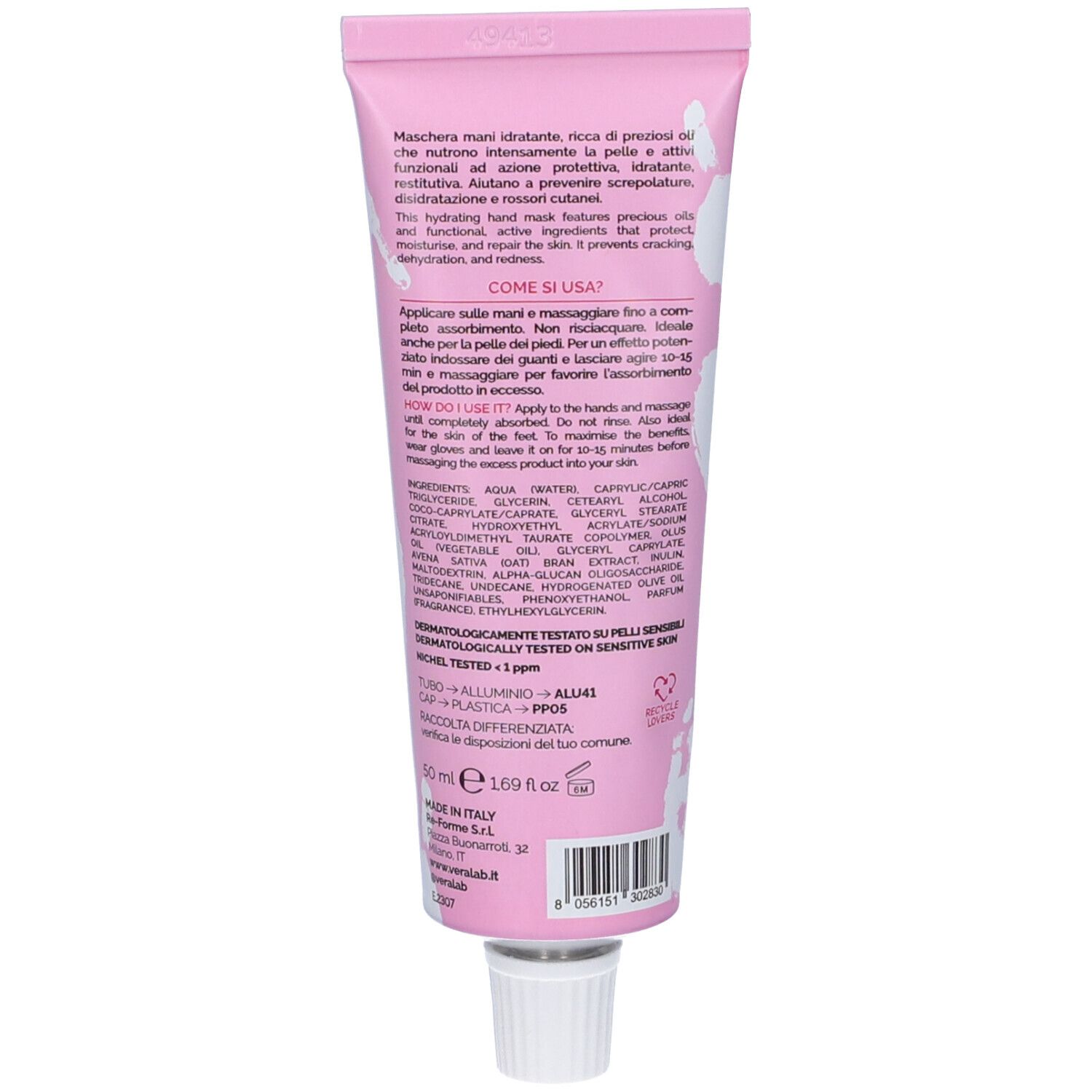 Retro del tubo rosa. Testo in italiano. Contiene informazioni sugli ingredienti e l'uso.