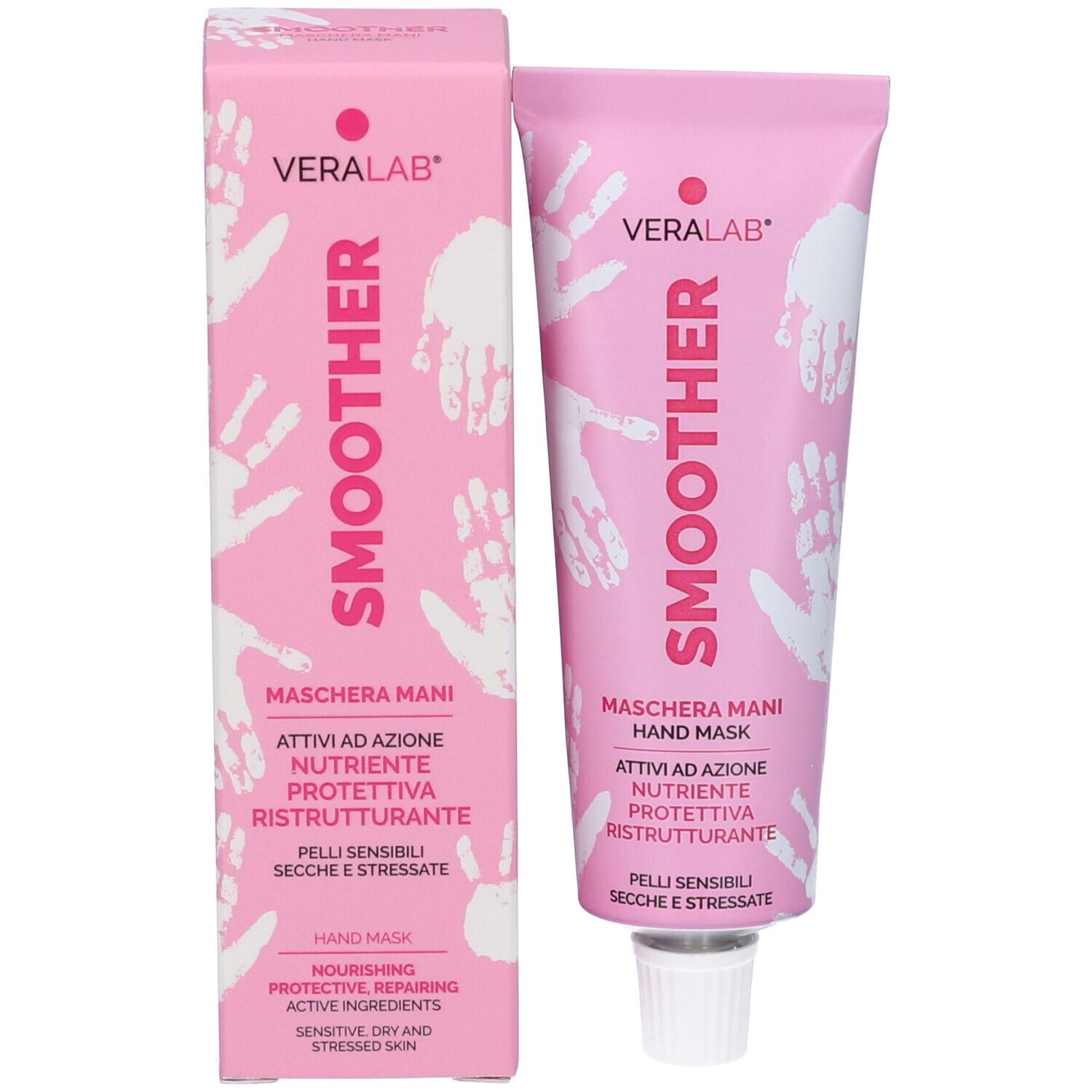 Scatola e tubo rosa. Scritta: Smoother, Hand Mask, impronte di mani. Marchio Veralab. Prodotto affiancato.