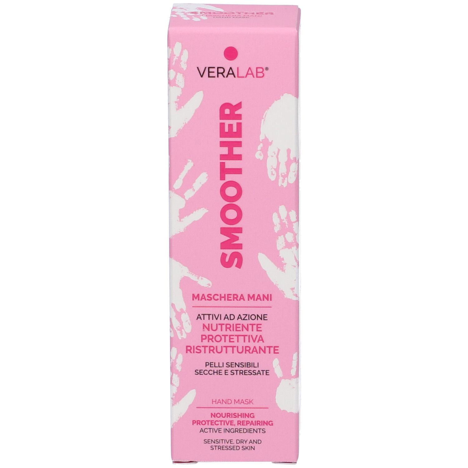 Scatola rosa con stampa bianca. Contiene maschera mani. Marchio Veralab. Scritta: Smoother, Hand Mask, impronte di mani.