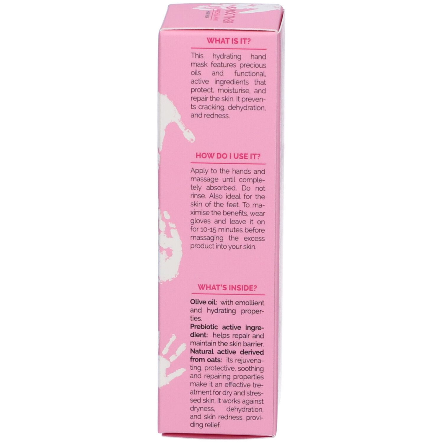 Lato della scatola rosa. Testo in inglese. Contiene informazioni sul prodotto e l'uso.