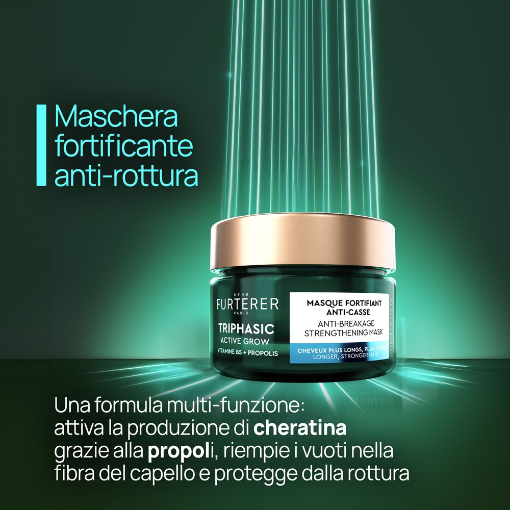 Vaso verde scuro con coperchio dorato. Testo: Masque Fortifiant Anti-Casse. Effetti luce.