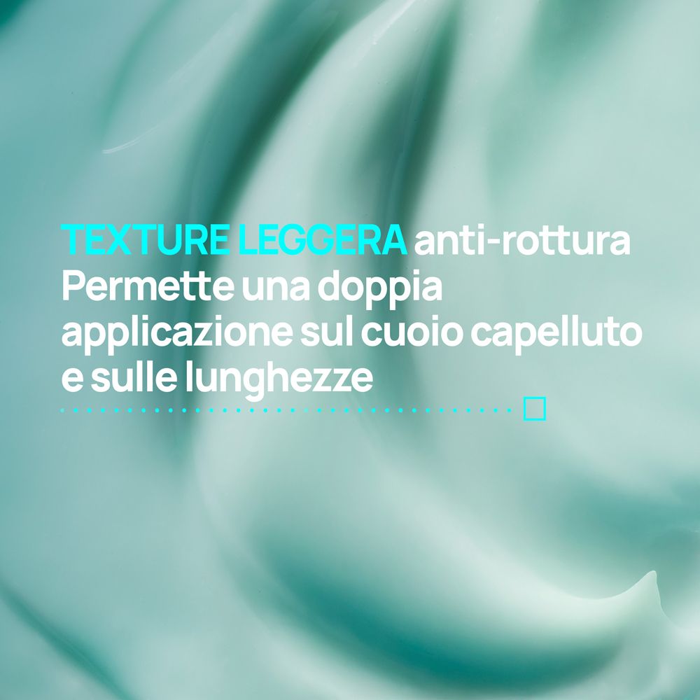 Primo piano della crema. Testo: Texture leggera anti-rottura. Permette una doppia applicazione.