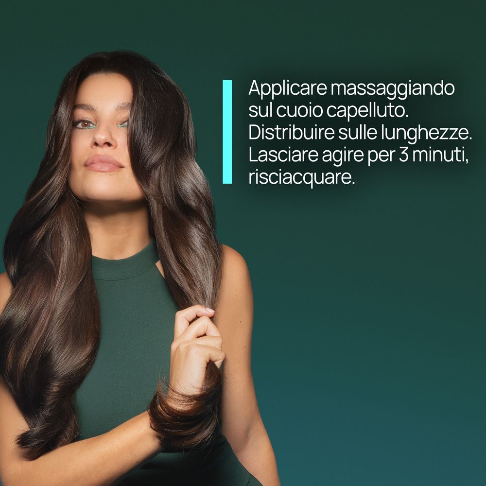 Donna con capelli lunghi. Testo: Istruzioni per l'uso. Massaggiare, distribuire, lasciare agire 3 minuti.