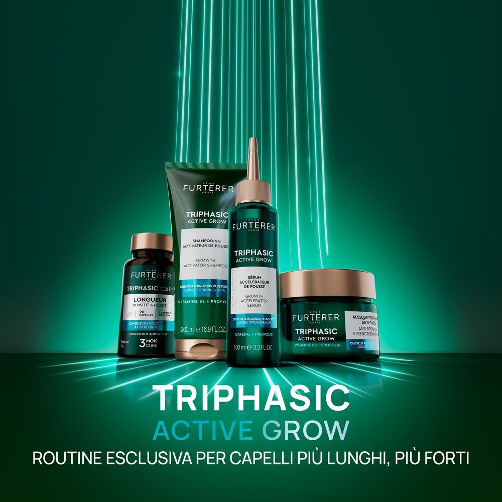 Prodotti diversi. Testo: Triphasic Active Grow. Routine esclusiva per capelli più lunghi, più forti.