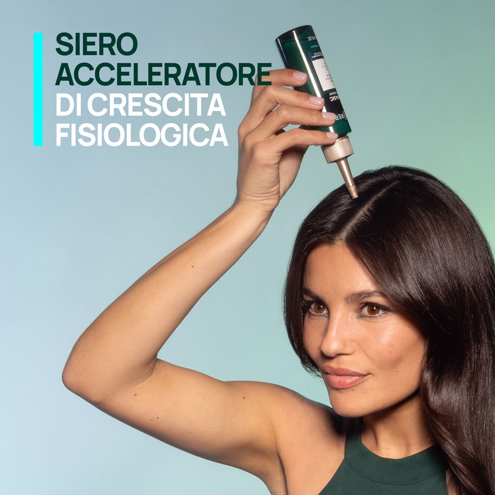 Donna con applicatore di siero per capelli. Testo: Siero Acceleratore di Crescita Fisiologica.