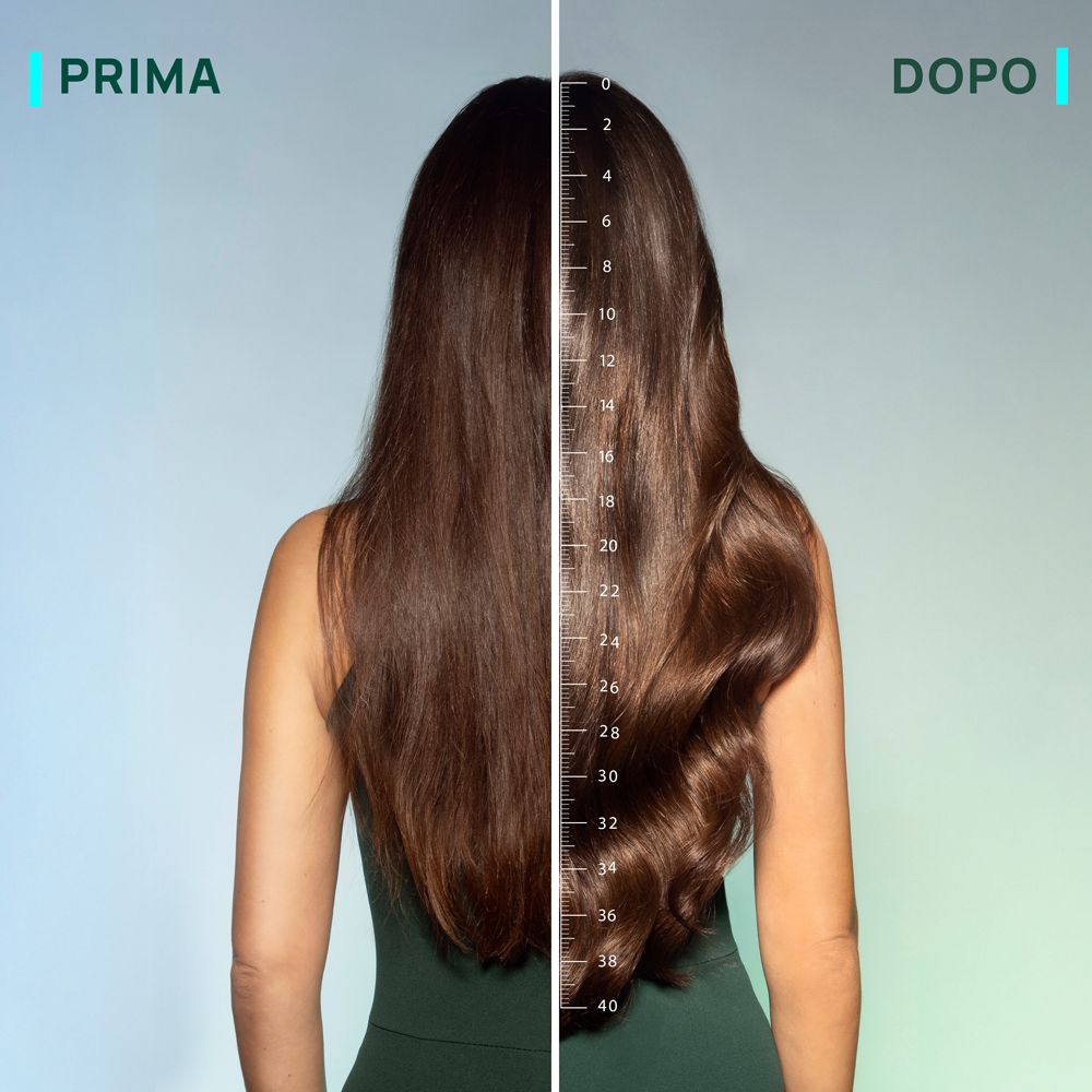 Confronto prima-dopo dei capelli. Scala per misurare la lunghezza dei capelli.
