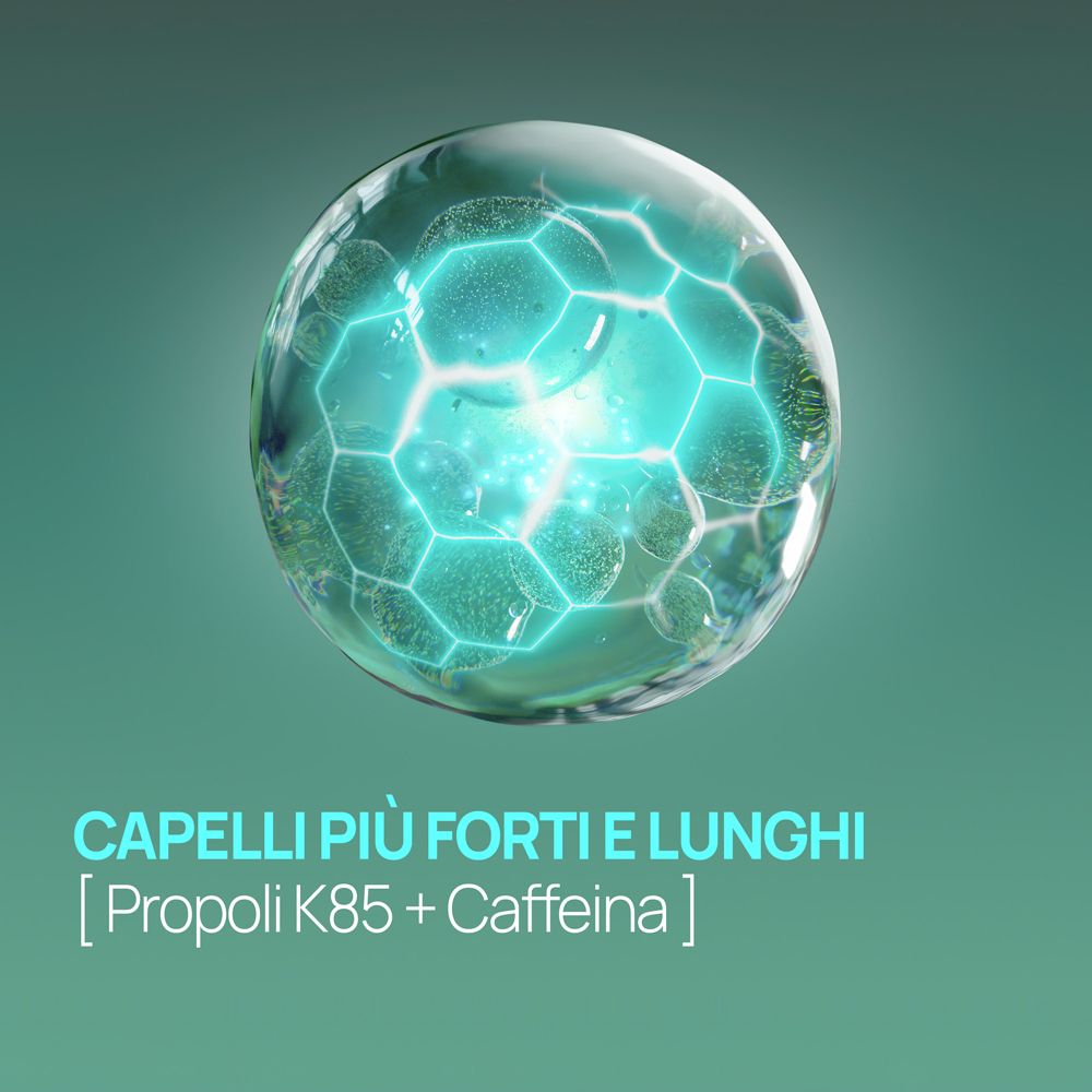 Immagine astratta di una sfera. Testo: Capelli più forti e lunghi. Propoli K85 + Caffeina.