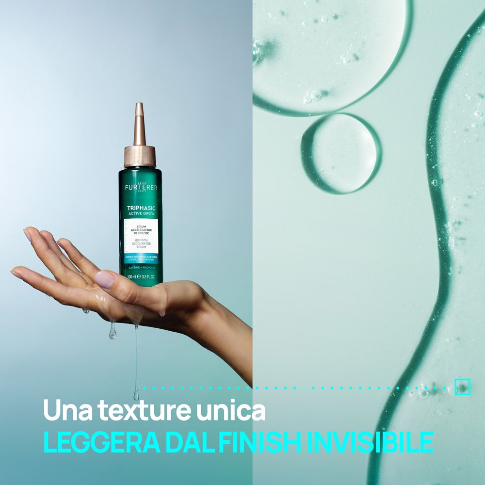 Mano con flacone e gocce. Testo: Una texture unica leggera dal finish invisibile.