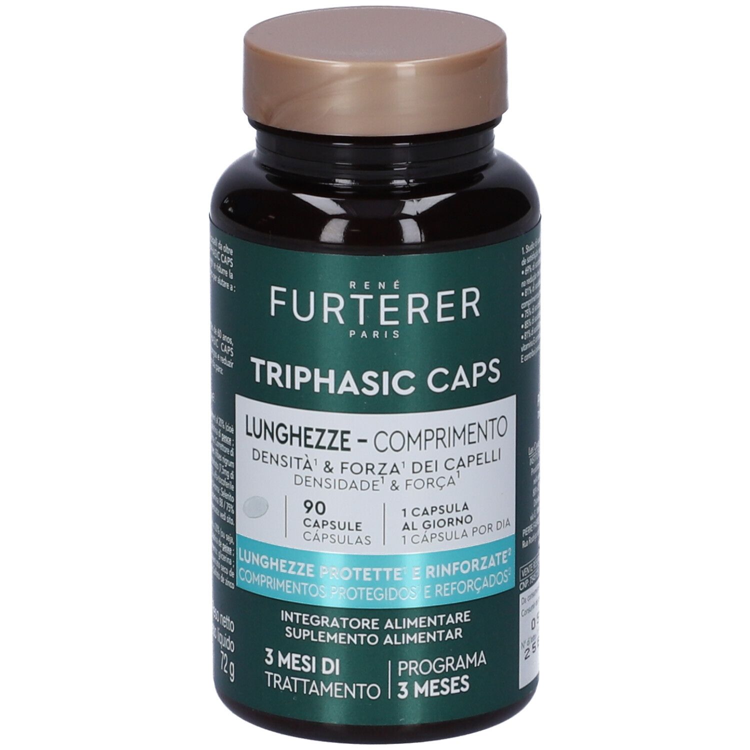 Flacone verde scuro con capsule. Scritta: René Furterer Triphasic Caps Lunghezze. 90 capsule. Trattamento 3 mesi.