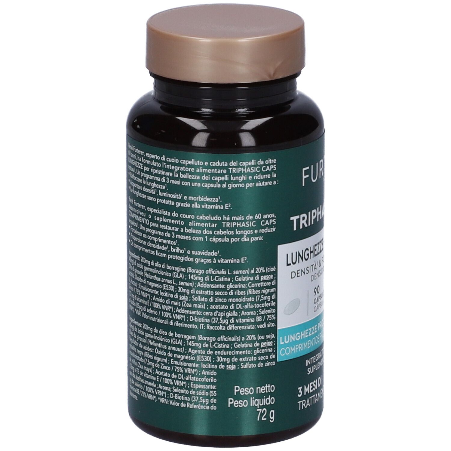 Retro del flacone con ingredienti e testo. René Furterer Triphasic Caps Lunghezze. Peso 72g.