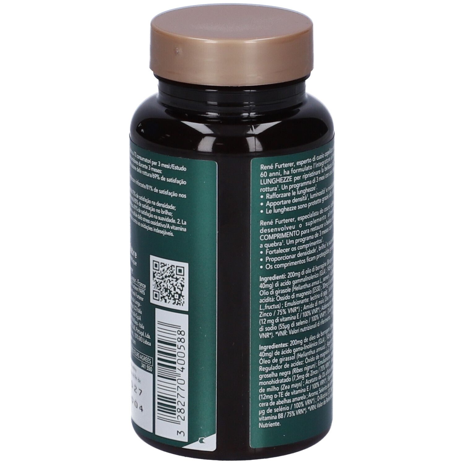 Retro del flacone con testo e codice QR. René Furterer Triphasic Caps Lunghezze. Ingredienti.