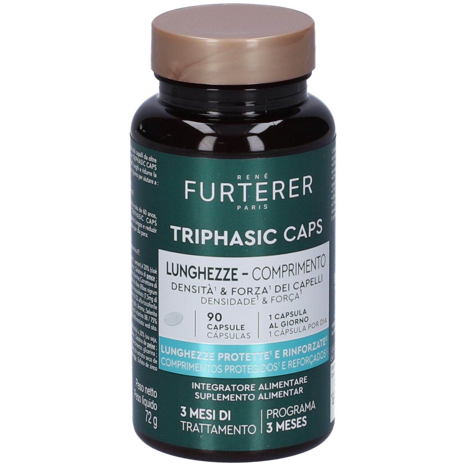 Flacone verde scuro con capsule. Scritta: René Furterer Triphasic Caps Lunghezze. 90 capsule. Trattamento 3 mesi.