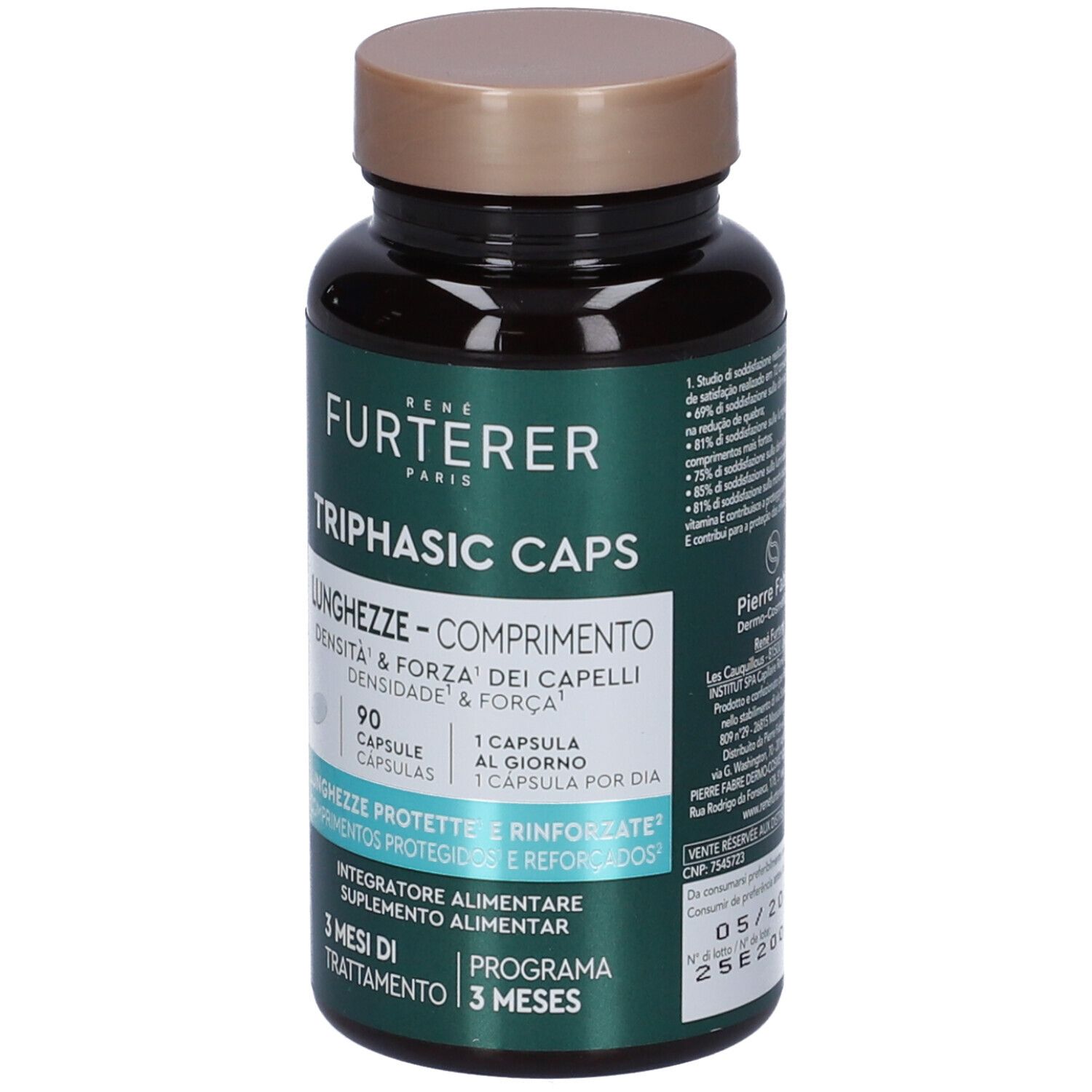 Flacone verde scuro con capsule. Scritta: René Furterer Triphasic Caps Lunghezze. 90 capsule. Trattamento 3 mesi.