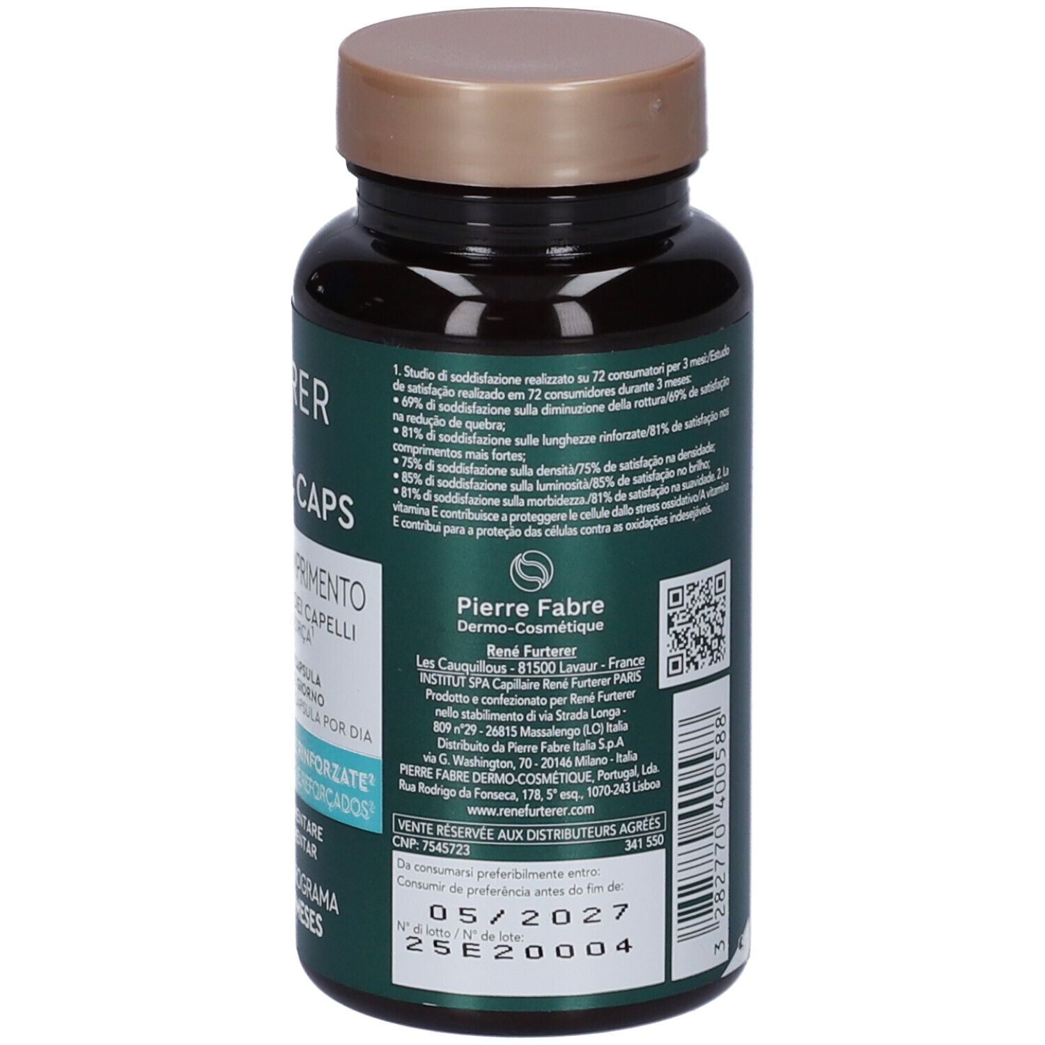 Retro del flacone con testo e codice QR. René Furterer Triphasic Caps Lunghezze. Scadenza 05/2027.
