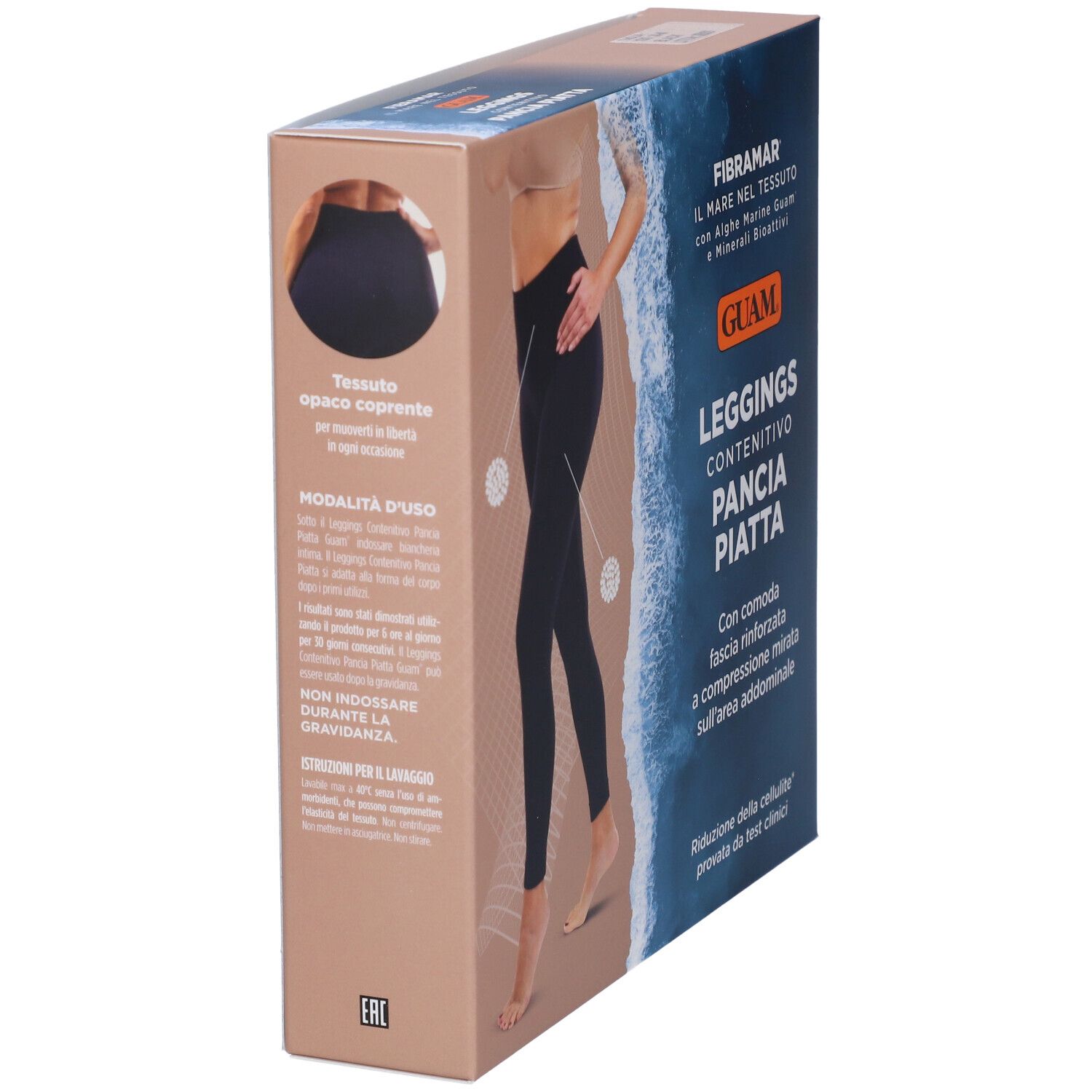 Vista laterale della confezione. GUAM Leggings Contenitivo Pancia Piatta. Immagine di donna con leggings neri. Testo italiano.