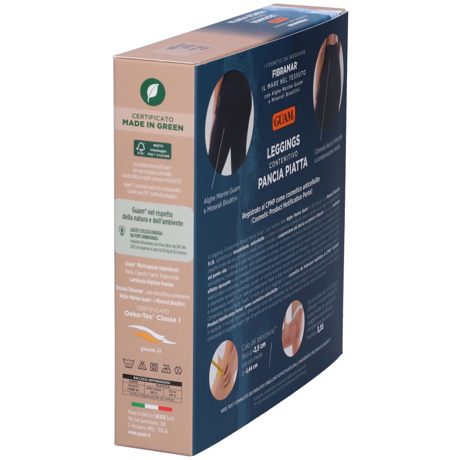 Vista laterale della confezione. GUAM Leggings Contenitivo Pancia Piatta. Testo e loghi. Certificazione Made in Green.