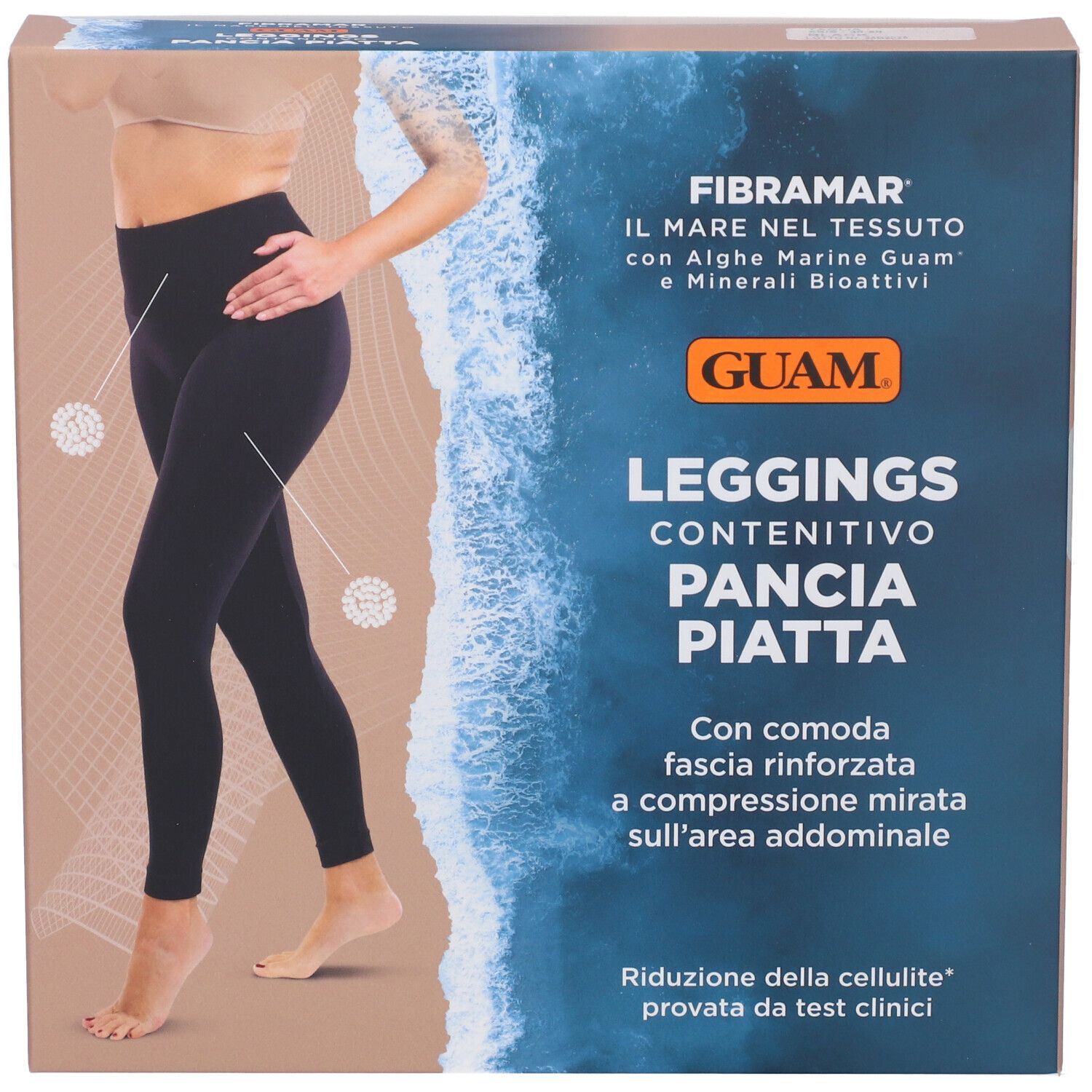 Confezione GUAM Leggings Contenitivo Pancia Piatta. Immagine di donna con leggings neri. Testo in italiano.