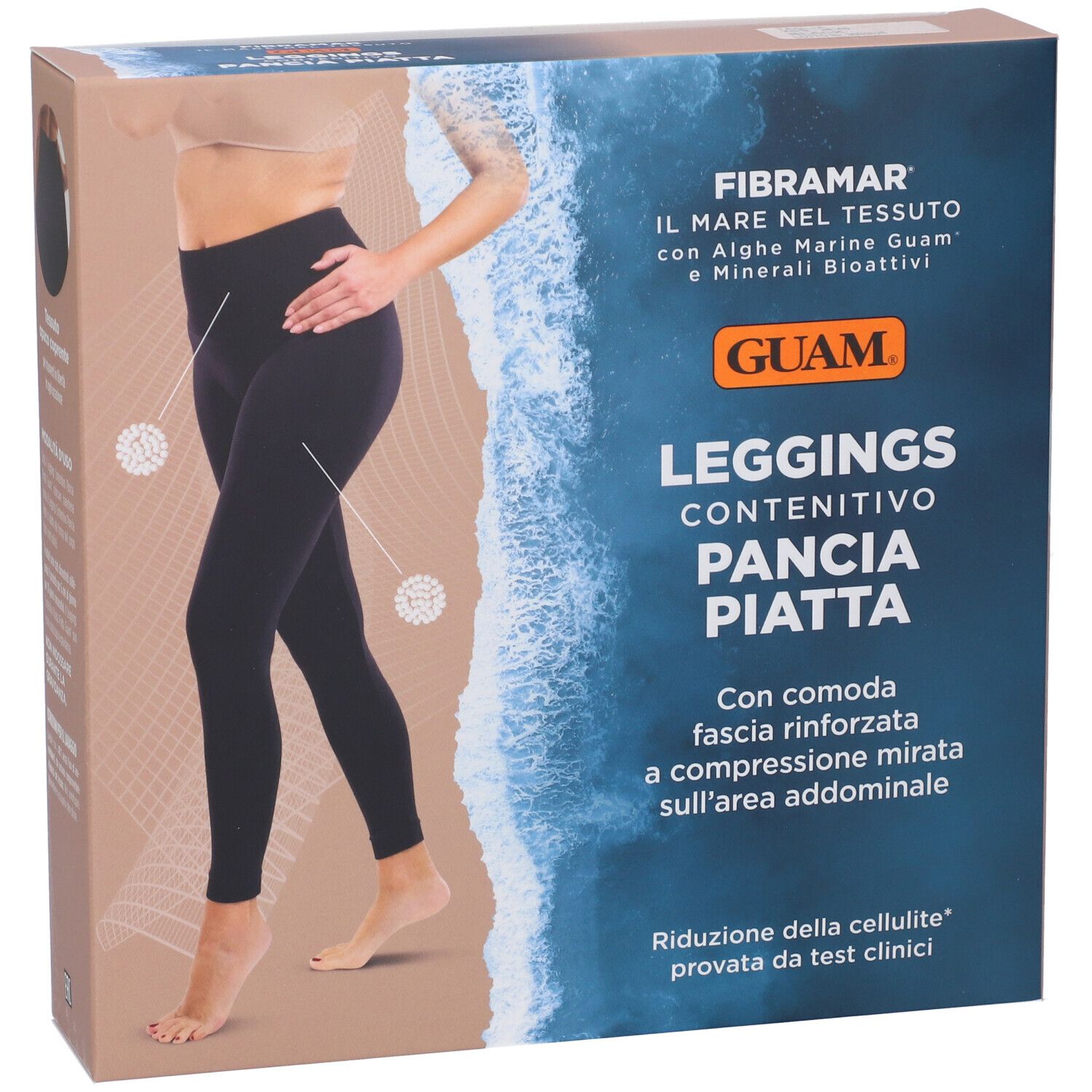 Confezione GUAM Leggings Contenitivo Pancia Piatta. Immagine di donna con leggings neri. Testo in italiano.