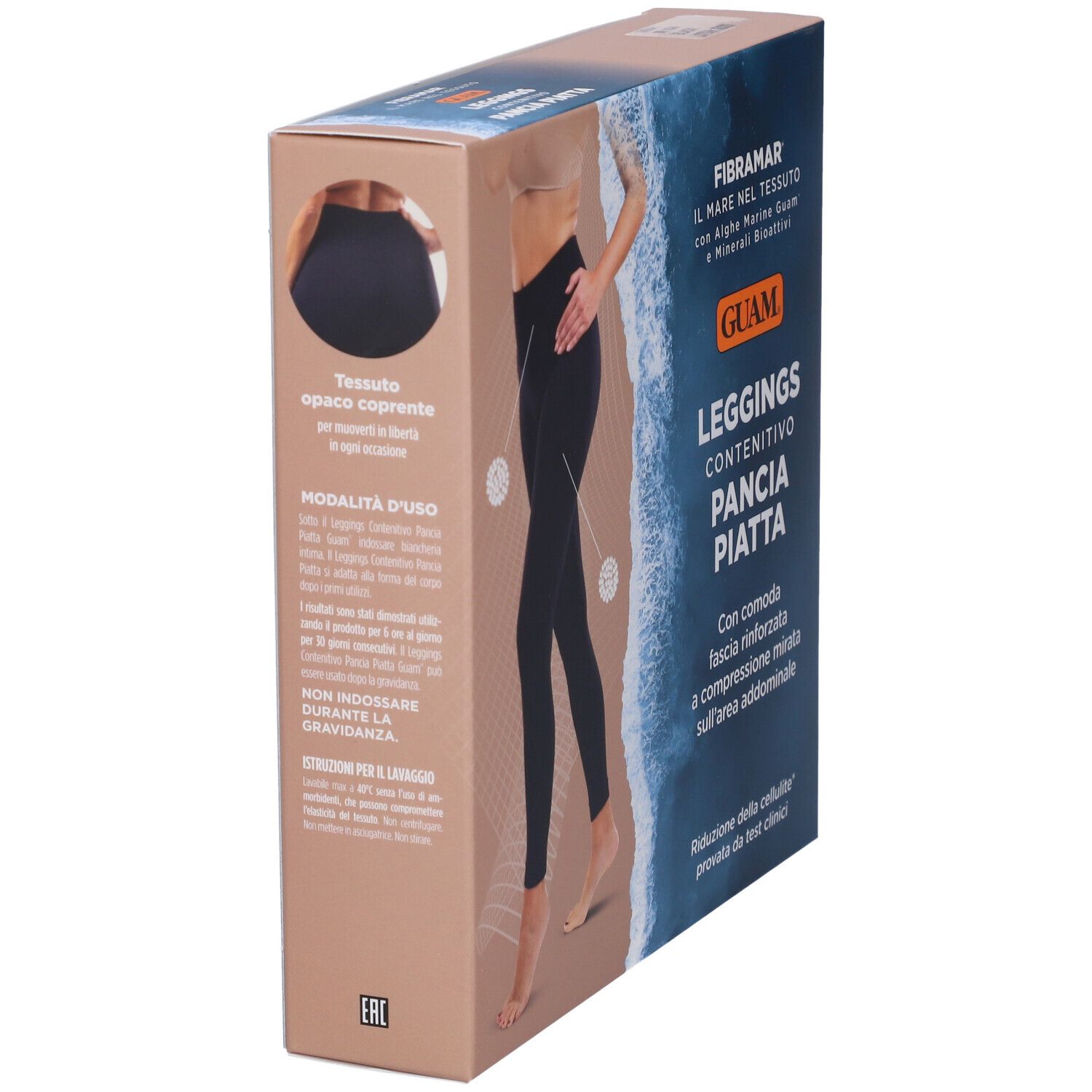 Confezione con leggings neri. Testo: GUAM, Leggings Contenitivo Pancia Piatta. Con fascia rinforzata.