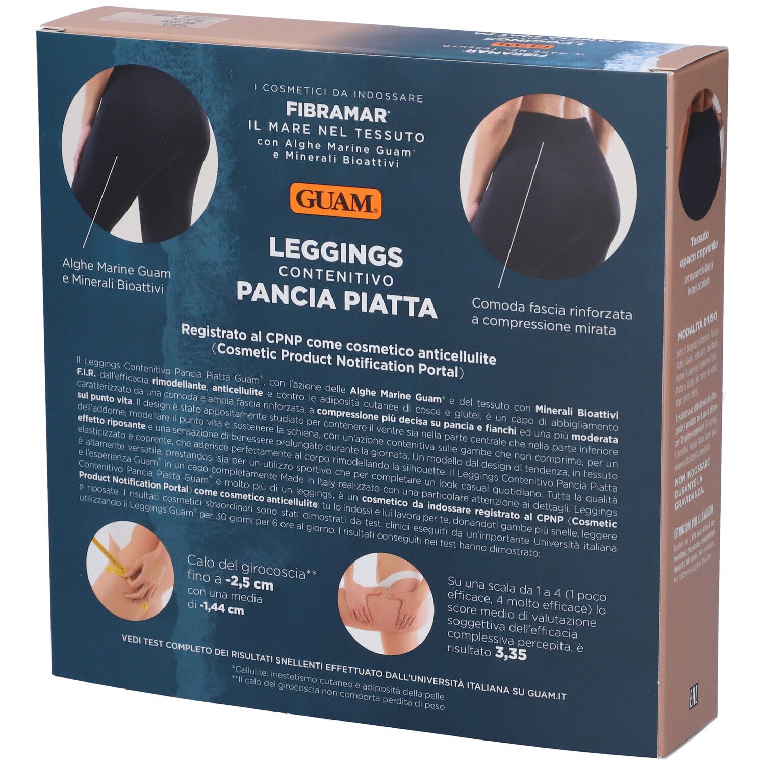 Retro della confezione. Testo: GUAM, Leggings Contenitivo Pancia Piatta. Con fascia rinforzata. Informazioni prodotto.