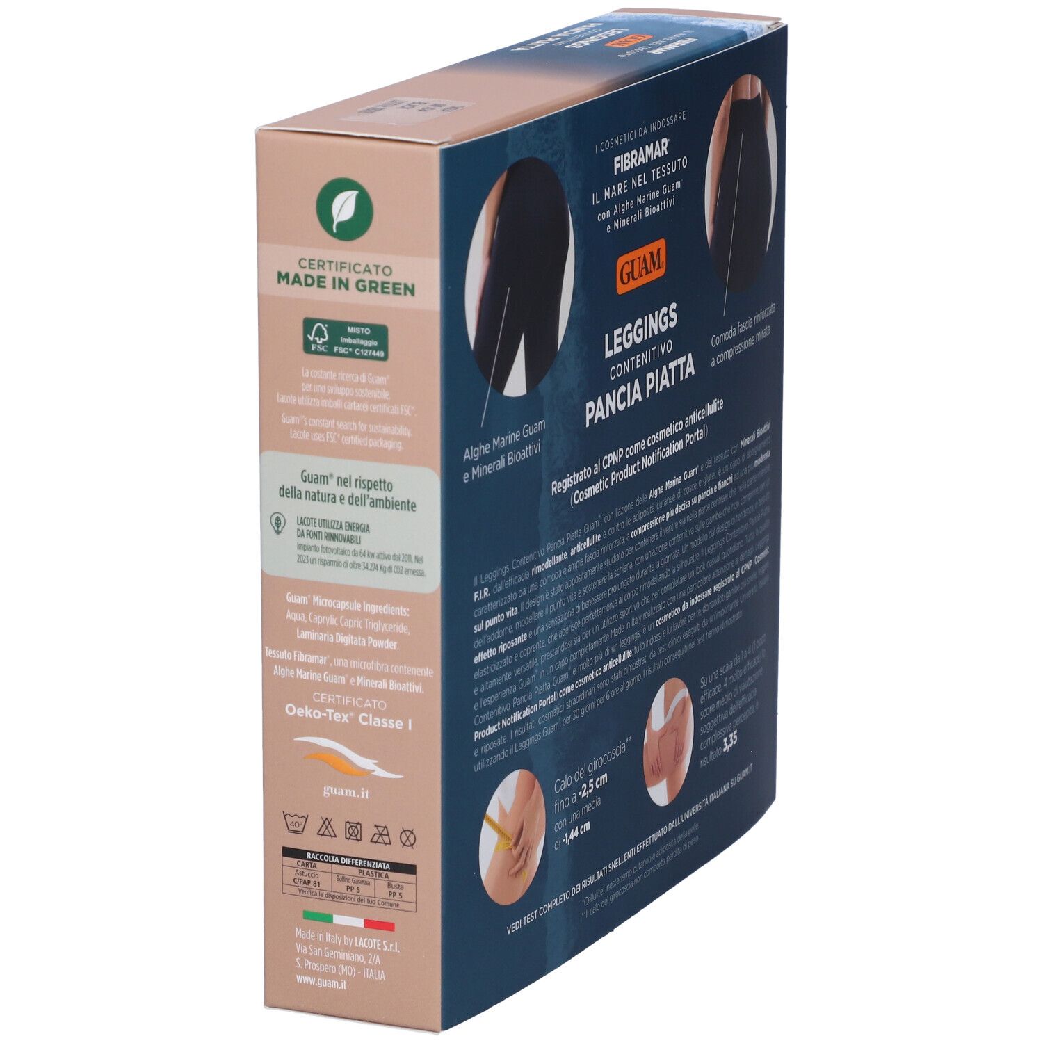 Confezione, vista laterale. Testo: GUAM, Leggings Contenitivo Pancia Piatta. Certificazione Made in Green.