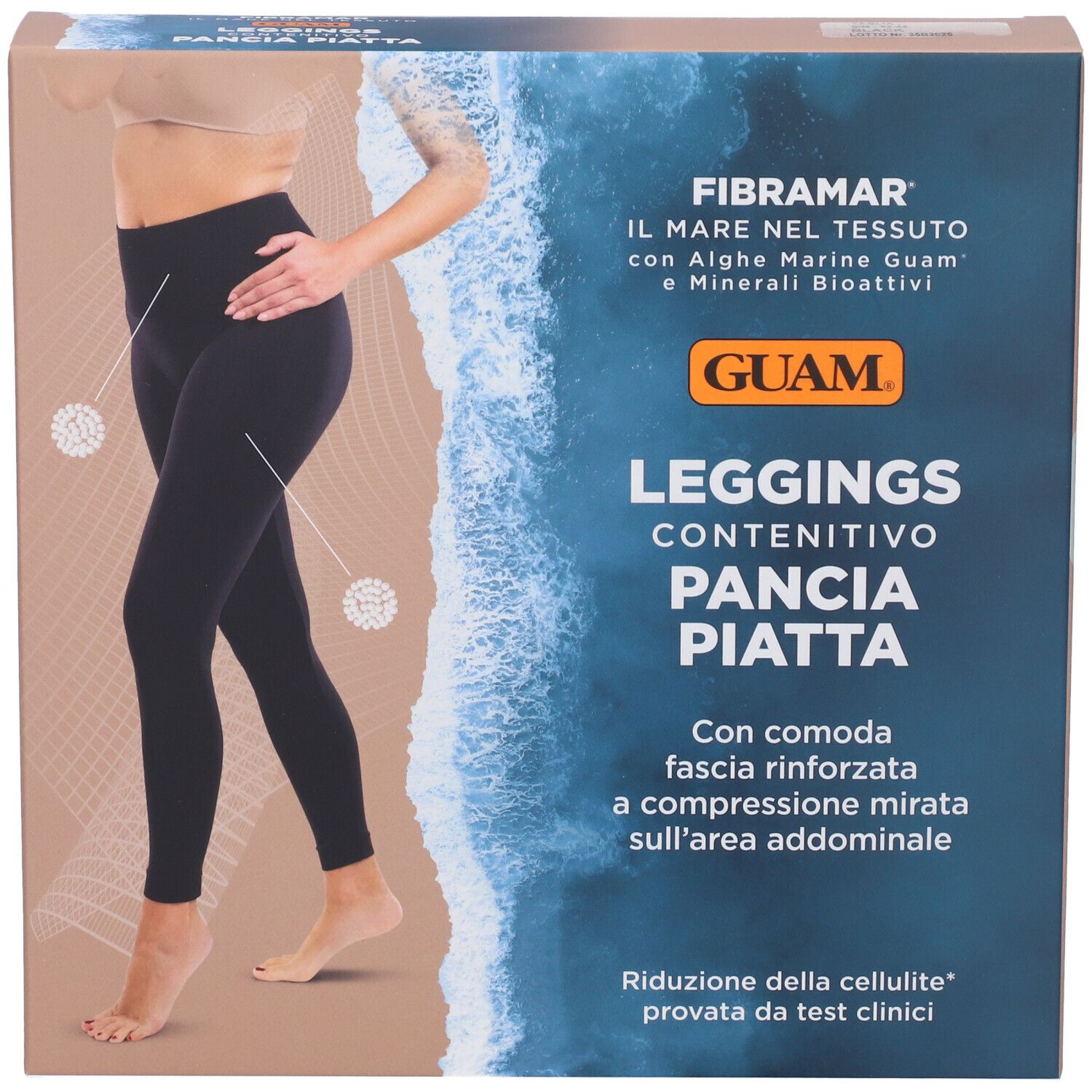 Leggings neri in confezione. Testo: GUAM, Leggings Contenitivo Pancia Piatta. Con fascia rinforzata.