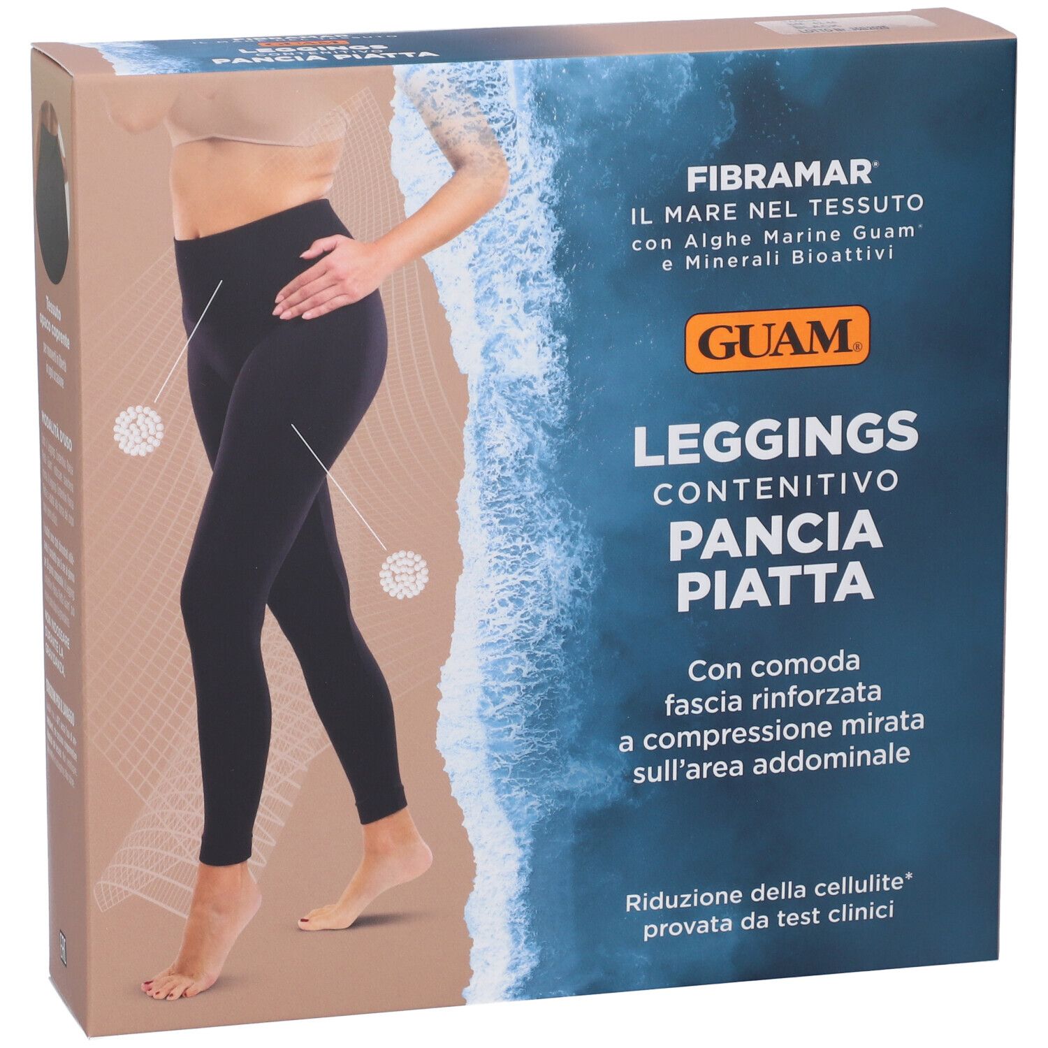Confezione con leggings neri. Testo: GUAM, Leggings Contenitivo Pancia Piatta. Con fascia rinforzata.