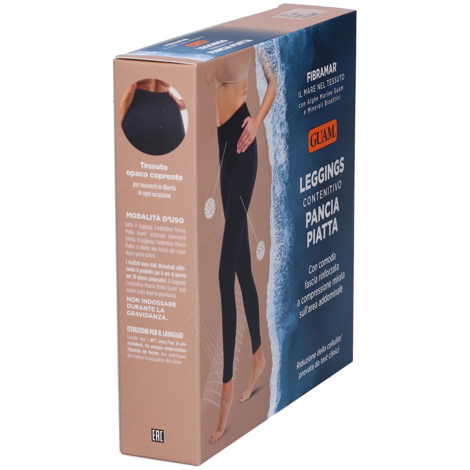 Confezione di leggings GUAM Contenitivo Pancia Piatta. Vista laterale con testo e immagine del prodotto. Testo in italiano.