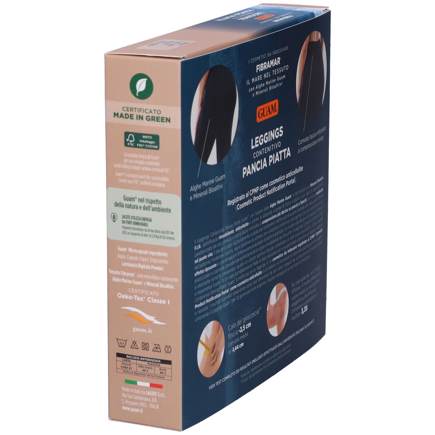 Confezione di leggings GUAM Contenitivo Pancia Piatta. Vista laterale con testo e certificazioni. Immagine del prodotto.