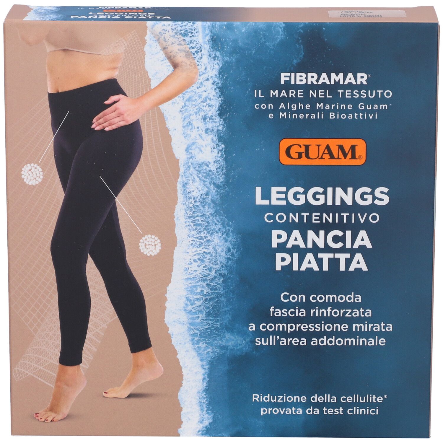Confezione di leggings GUAM Contenitivo Pancia Piatta. Immagine di donna con leggings neri. Testo in italiano.