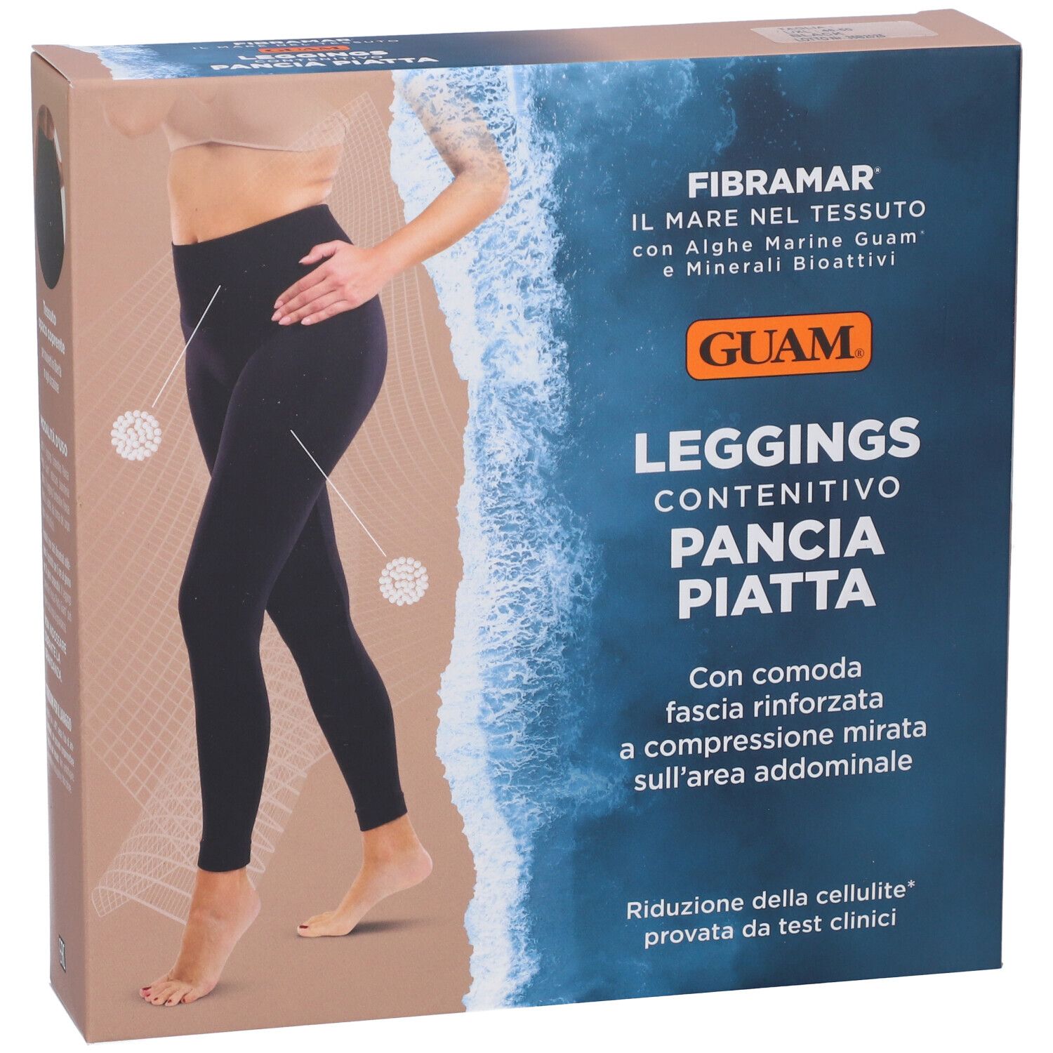 Confezione di leggings GUAM Contenitivo Pancia Piatta. Immagine di donna con leggings neri. Testo in italiano.